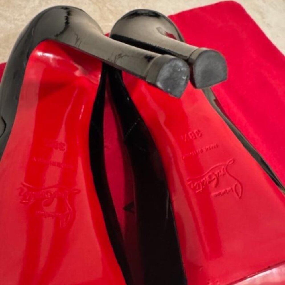 Christian Louboutin Black Patent Peep Toe Pumps 38.5 | 6” Heel Red Sole - Picture 3 of 9